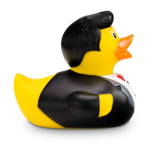 gelbe Werbeente Bernd Bräutigam mit weißem Hemd, schwarzem Anzug mit Fliege undRose, Größe: ca. 8 cm. Inklusive Quietschventil