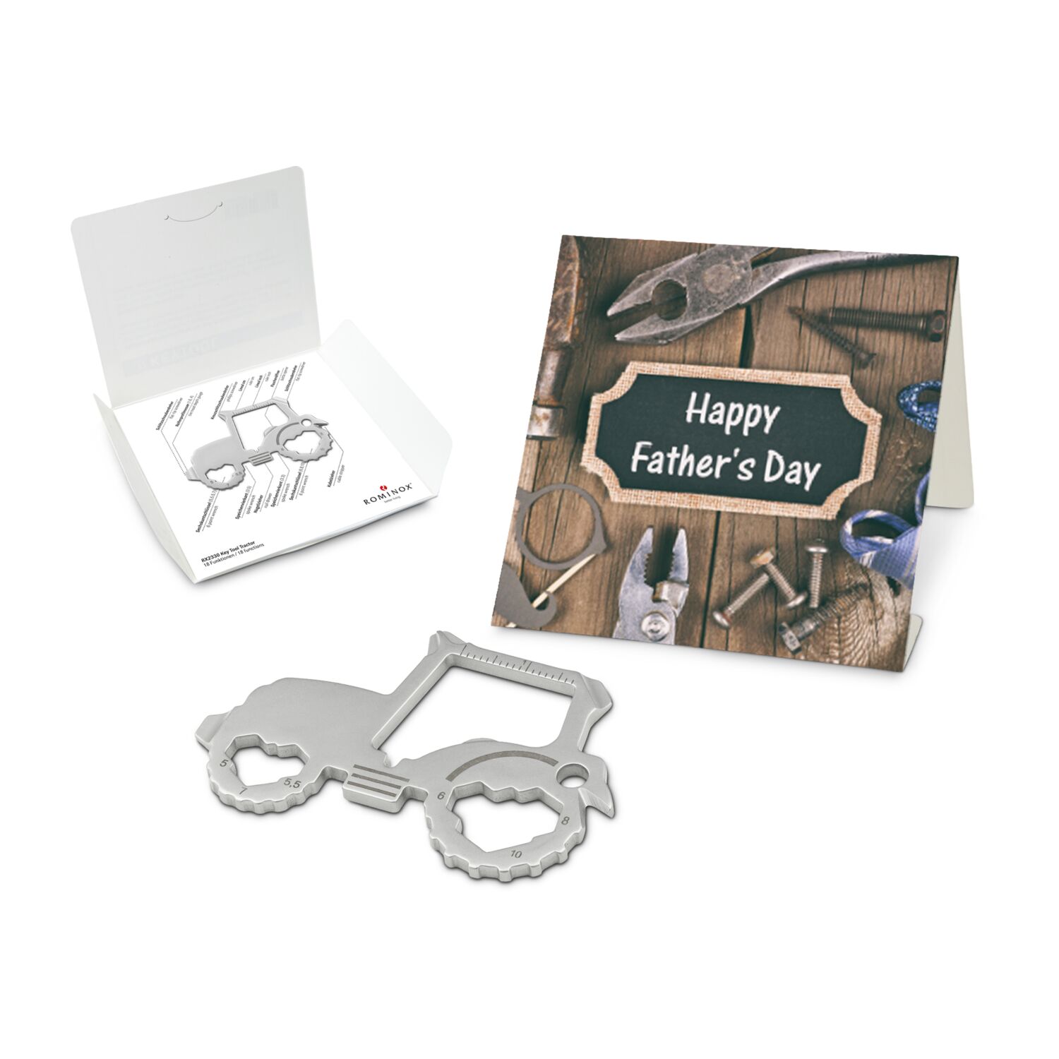 Key Tool in einem „Happy Father's Day“-Mäppchen inkl. Funktionsbeschreibung. „An die Werkzeuge, fertig, los“!