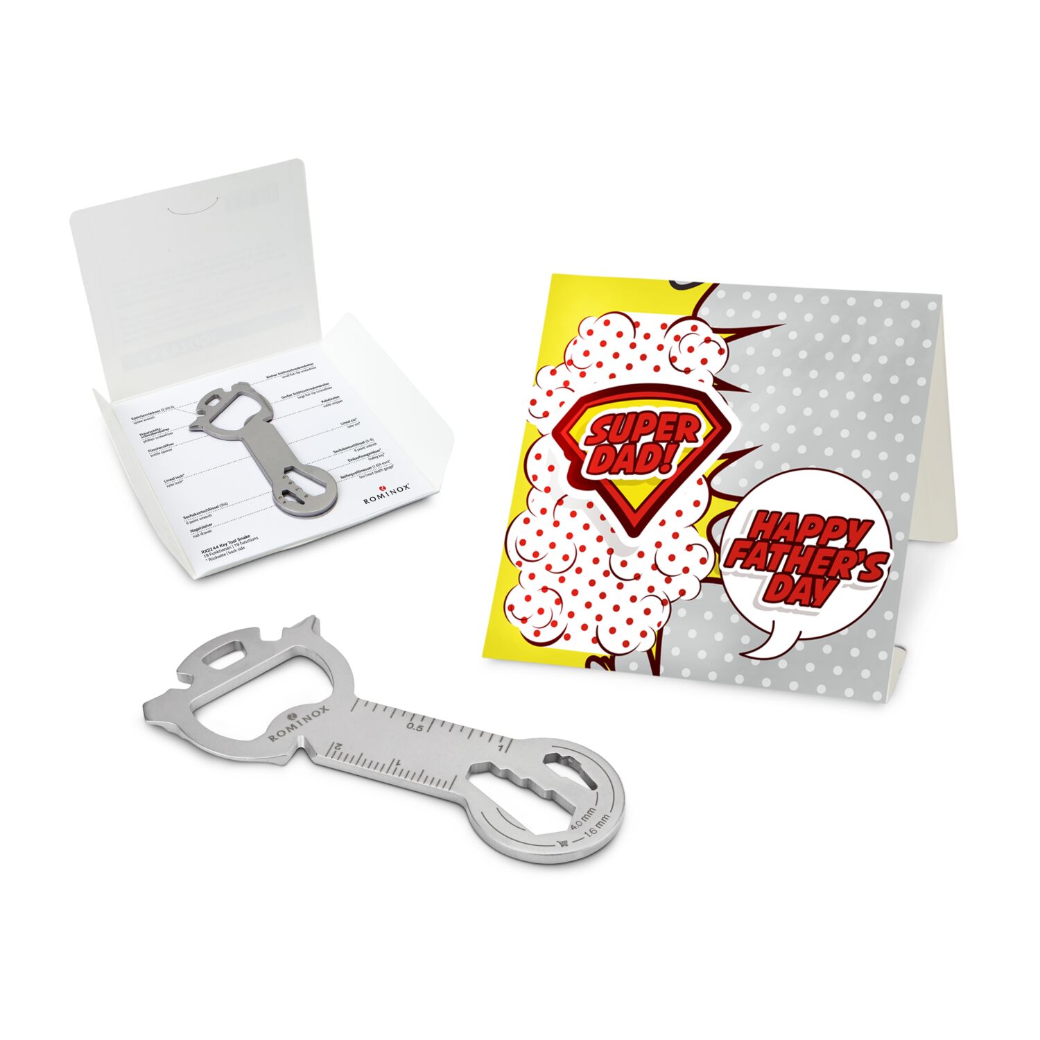 Key Tool in einem „Super Dad”-Mäppchen inkl. Funktionsbeschreibung. „An die Werkzeuge, fertig, los“!