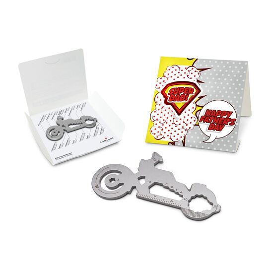 Key Tool in einem „Super Dad”-Mäppchen inkl. Funktionsbeschreibung. „An die Werkzeuge, fertig, los“!