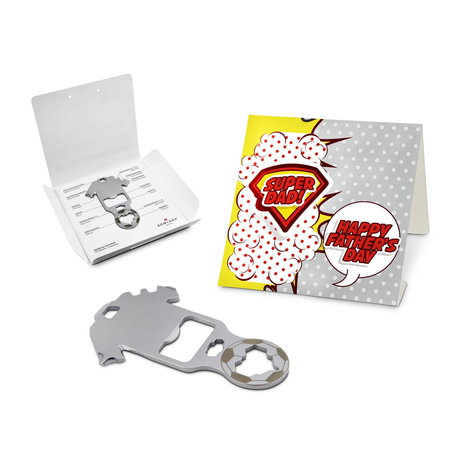 Key Tool in einem „Super Dad”-Mäppchen inkl. Funktionsbeschreibung. „An die Werkzeuge, fertig, los“!