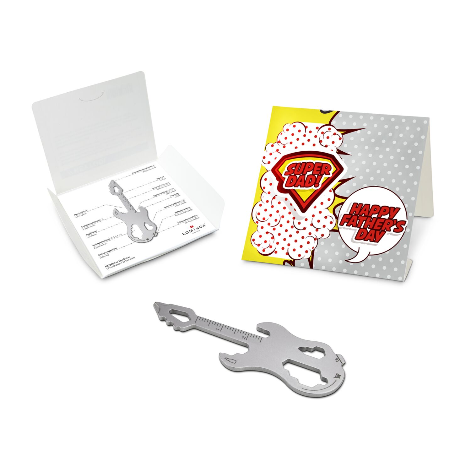 Key Tool in einem „Super Dad”-Mäppchen inkl. Funktionsbeschreibung. „An die Werkzeuge, fertig, los“!