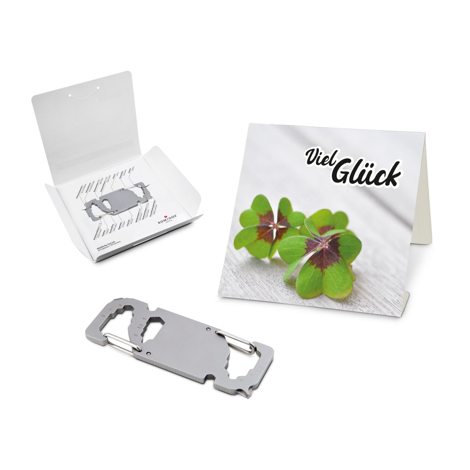 Key Tool in einem „Viel Glück”-Mäppchen inkl. Funktionsbeschreibung. „An die Werkzeuge, fertig, los“!