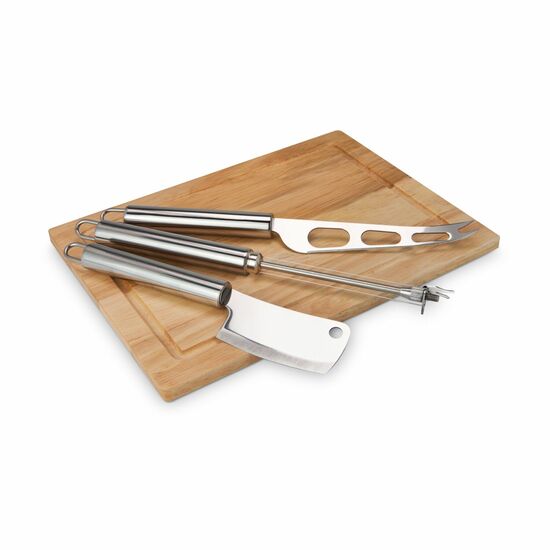 Grundausstattung für Käseliebhaber, massives Holzbrett, Käsemesser, Beil und Fadenschneider (Holz, Edelstahl - seidenmatt gebürstet)