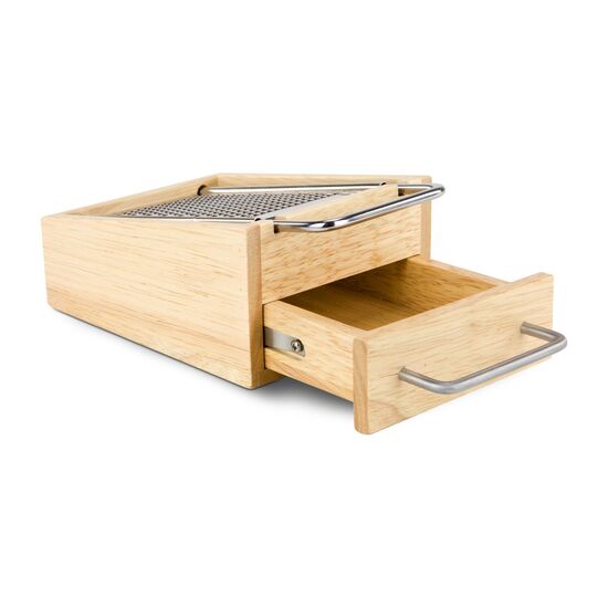 Käsereibe aus Holz, integrierter Auffangbehälter auch zum Servieren, Edelstahlreibe mit handlichem Griff