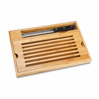 Brotmesser und Bambusbrett mit praktischem Krümelfach zum Herausnehmen (Bambus, Edelstahl, Kunststoff)