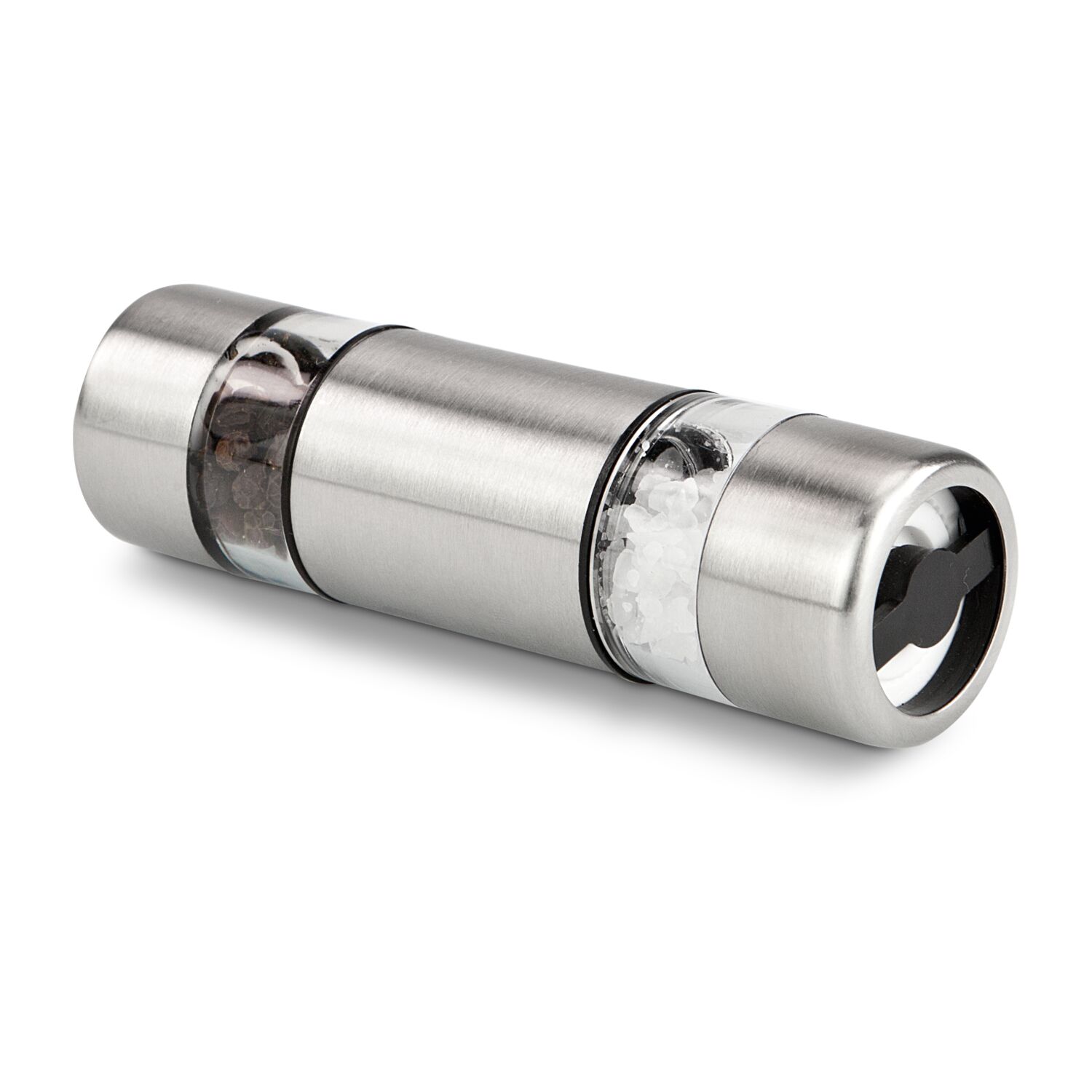 Klein, fein und immer griffbereit, manuelle Mühle mit zwei getrennten Keramikmahlwerken für Salz und Pfeffer (Edelstahl - seidenmatt gebürstet, Keramik, Kunststoff)