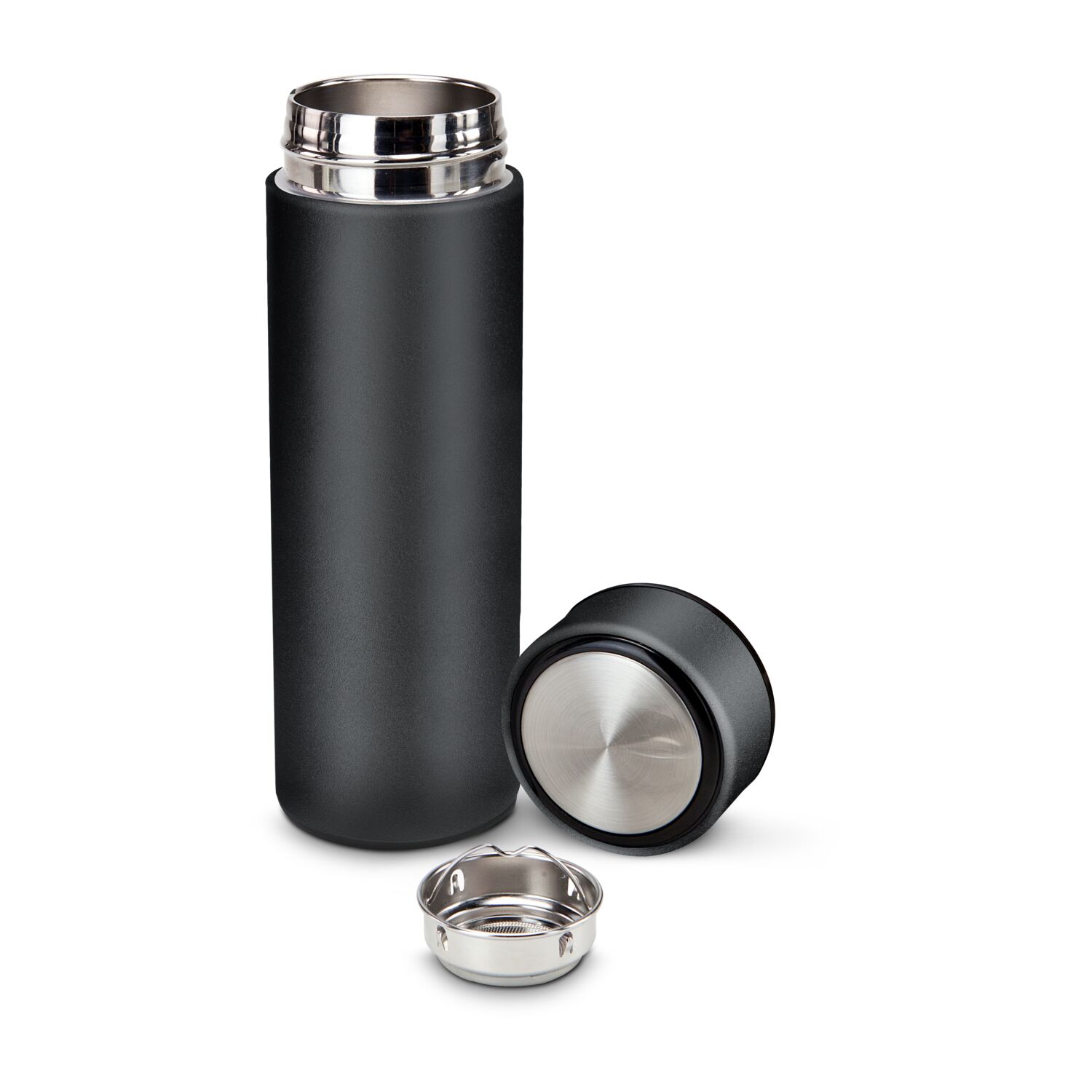 Thermoflasche mit Drehverschluss, herausnehmbares Sieb, auslaufsicher, doppelwandig , 350 ml (Edelstahl - pulverbeschichtet, Kunststoff)