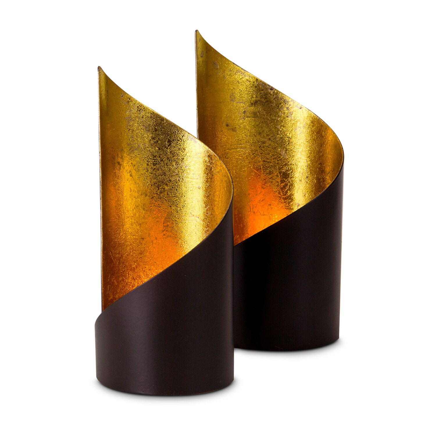 Zwei moderne Teelichthalter in zwei Größen, als Set (Metall - seidenmatt braun lackiert mit Goldfolienauskleidung, ohne Teelicht)