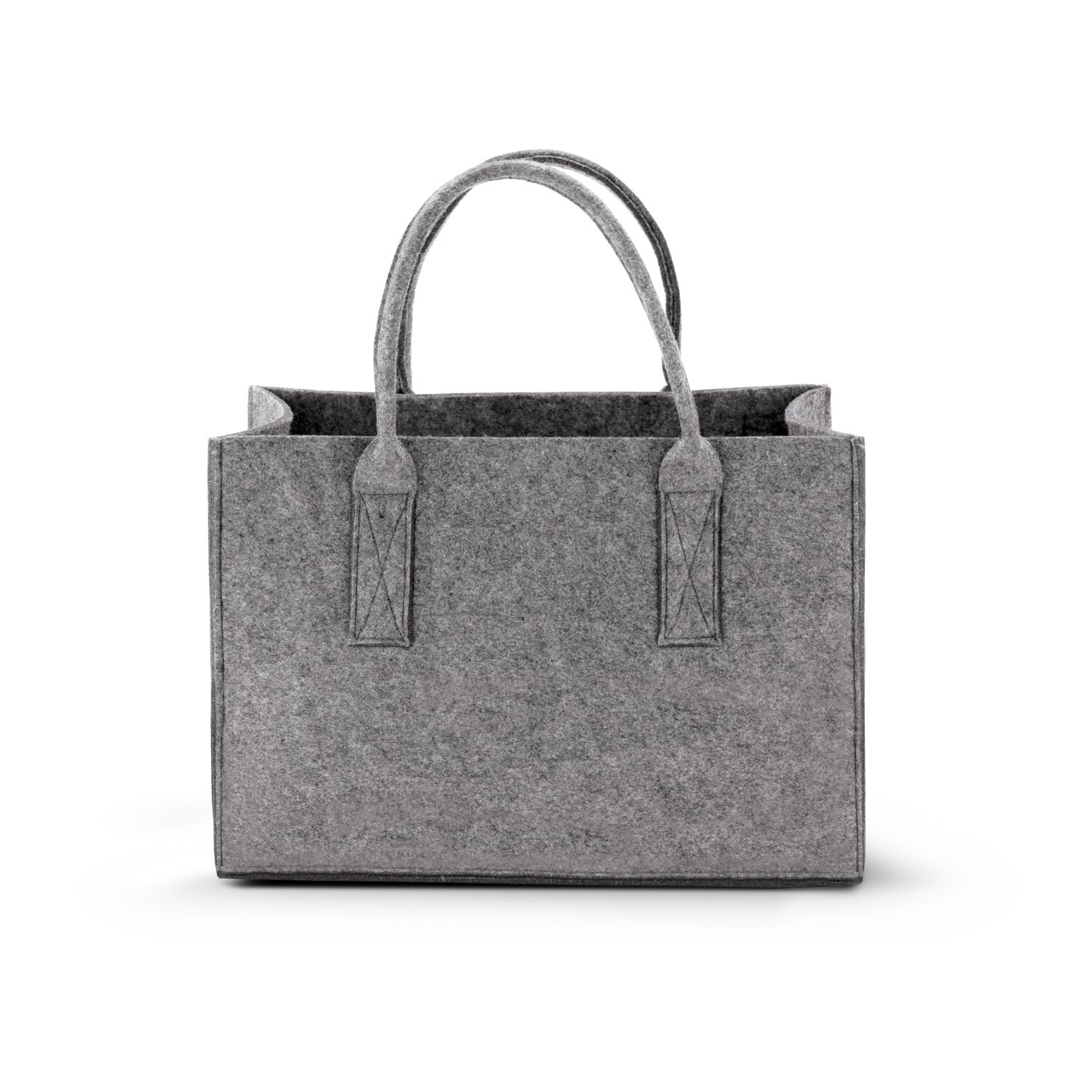 Hochwertige Filztasche in modern meliertem Grauton, praktische Größe für zuhause und unterwegs, hoher Tragekomfort durch stabile und weiche Henkel, sicherer Stand dank flachem Boden
