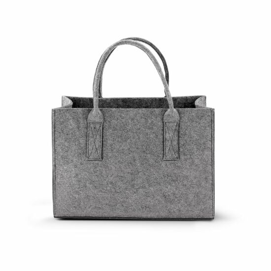 Hochwertige Filztasche in modern meliertem Grauton, praktische Größe für zuhause und unterwegs, hoher Tragekomfort durch stabile und weiche Henkel, sicherer Stand dank flachem Boden