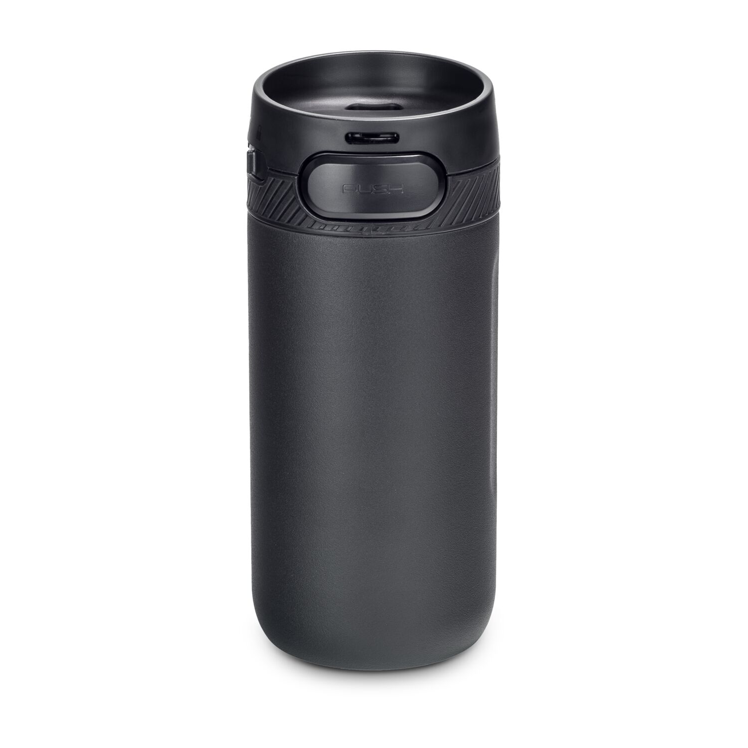 Moderner Thermobecher mit Einhand-Druckknopfverschluss und entnehmbarem Innenteil, 400 ml (Edelstahl - pulverbeschichtet, Kunststoff, Gummi)