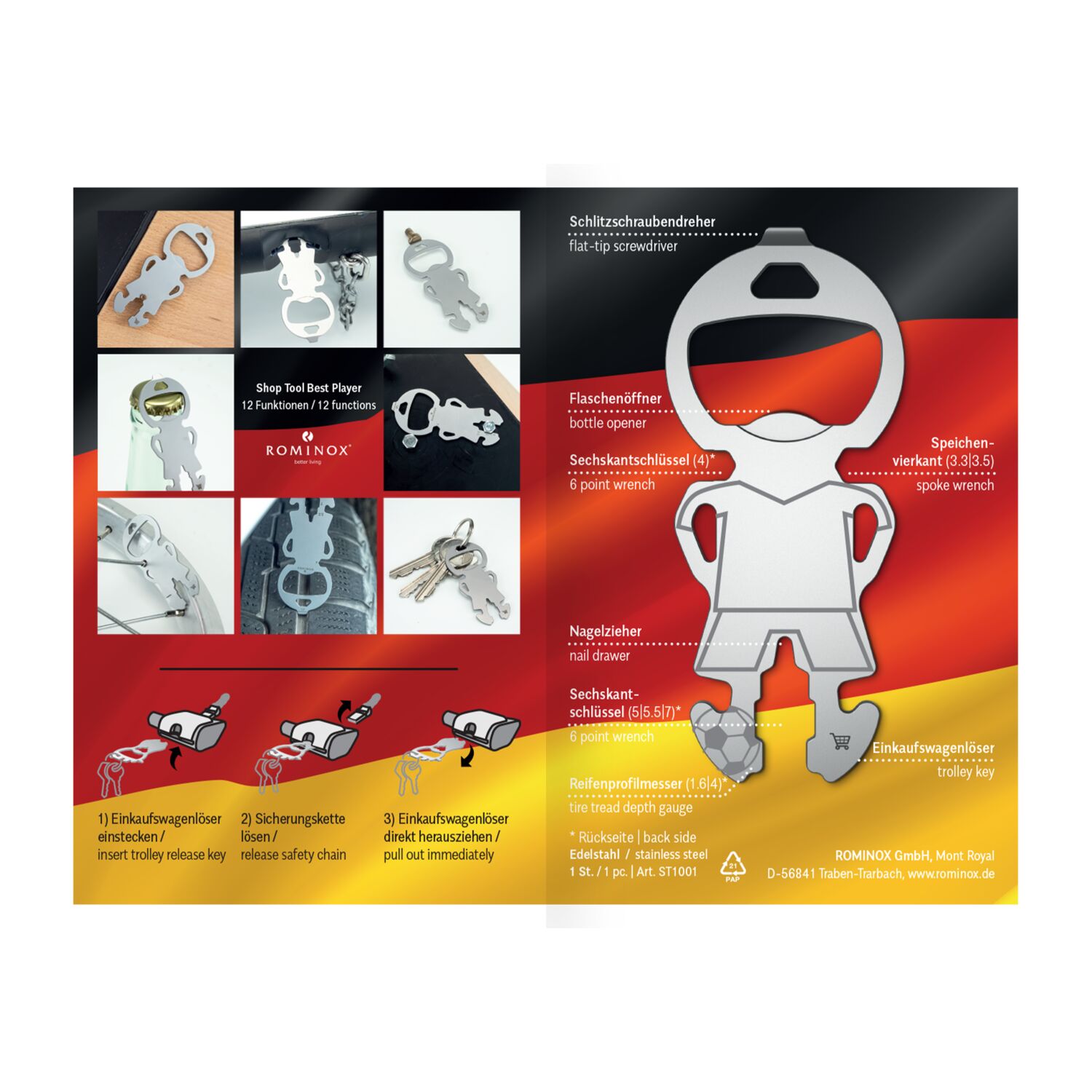 Werden Sie zum Trikotsponsor! Multifunktionaler Fußballer Einkaufswagenlöser mit 12 Funktionen