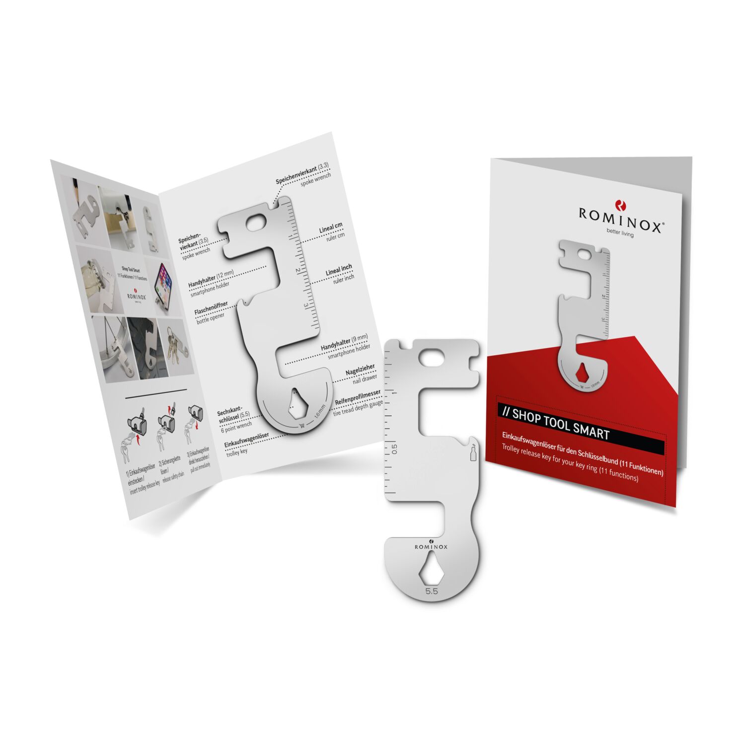Multifunktionaler Einkaufswagenlöser für den Schlüsselbund mit 11 Funktionen: Edelstahl Multitool inkl. Funktionsbeschreibung
